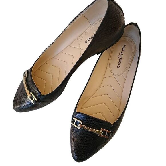 Karl Lagerfeld Black Dutot Leather Pointed Toe Flats 6.5 - Picture 3 of 13